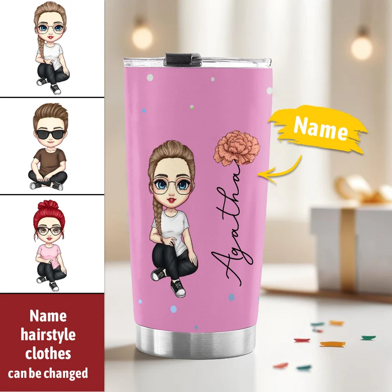 Personalisierter, niedlicher Trinkbecher mit Cartoon-Motiv und Geburtsblume – personalisierter Becher als Geburtstags- oder Schulanfangsgeschenk für Kinder